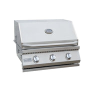 Kokomo Grills 3 Burner 26 inch Cart Model BBQ Grill in stainless steel with temperature gauge and three control knobs.