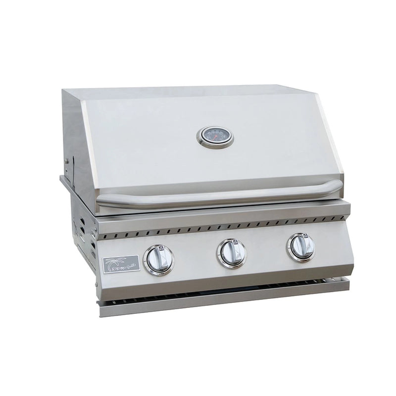 Kokomo Grills 3 Burner 26 inch Cart Model BBQ Grill in stainless steel with temperature gauge and three control knobs.
