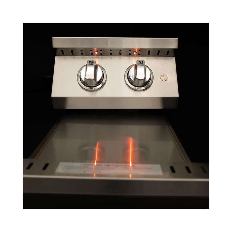 Kokomo Grills Professional Double Side Burner with stainless steel build, dual illuminated knobs, and removable cover for outdoor kitchens.