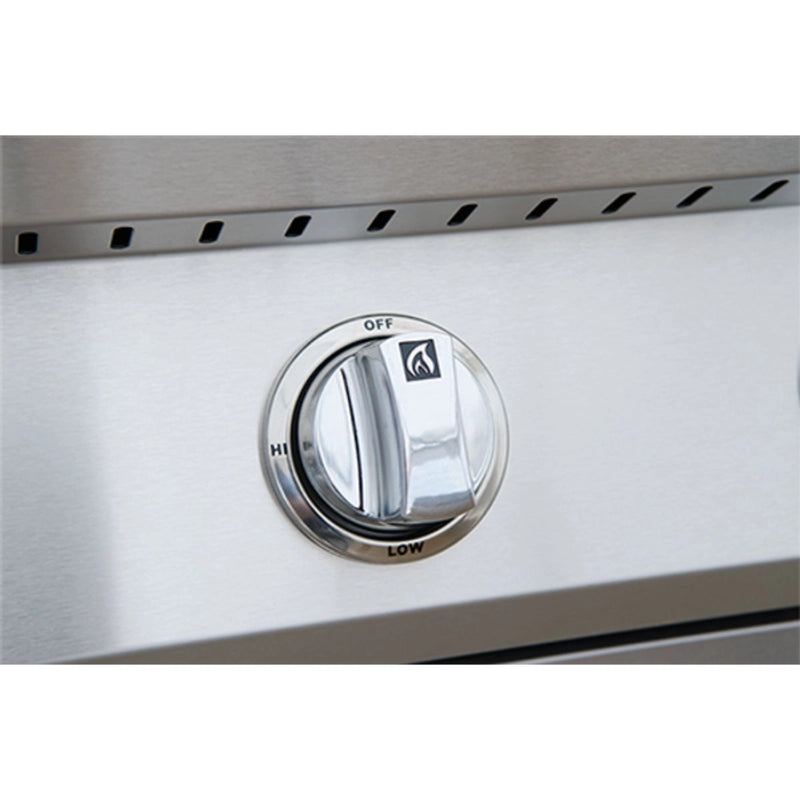 Kokomo Grills 5 Burner 40 Inch Cart Model BBQ Grill stainless steel control knob with flame icon and adjustable heat settings.