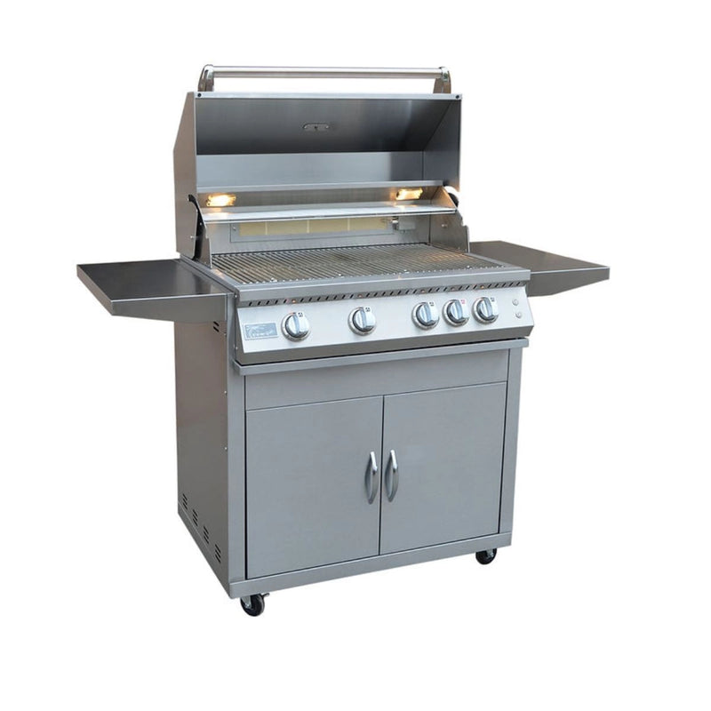 Kokomo Grills Professional 4 Burner 32 Inch stainless steel cart BBQ grill with illuminated knobs, interior lights, and locking caster wheels.