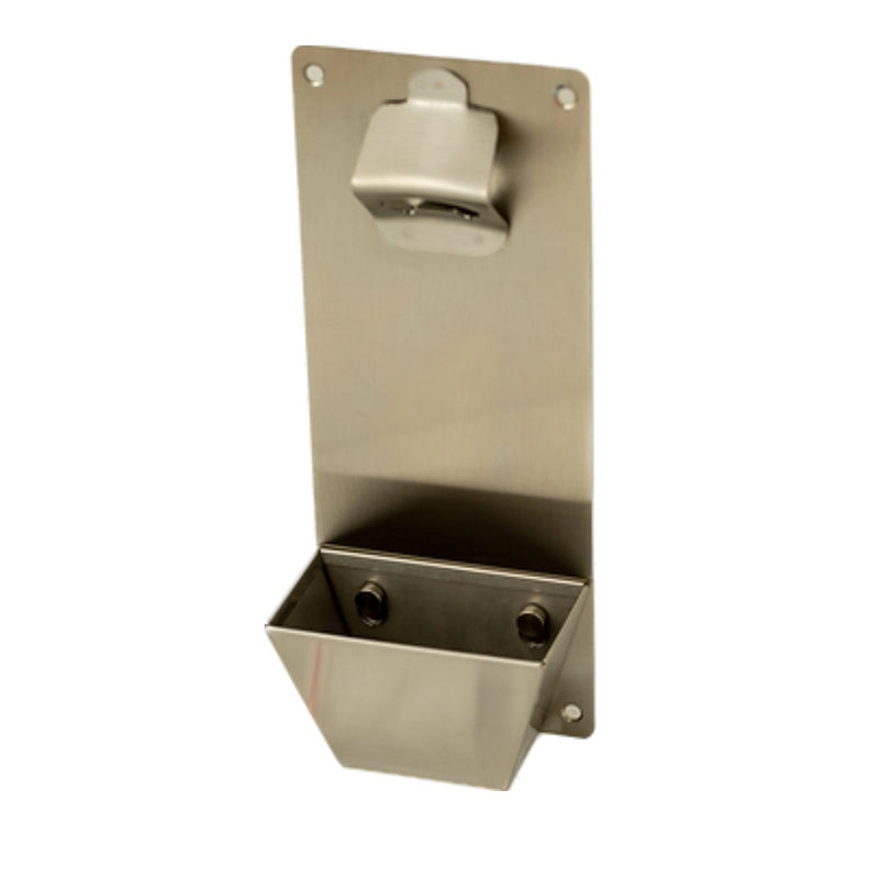 Kokomo Grills Bottle Opener and Cap Catcher - KO-BTLOPNR stainless steel wall-mounted opener with detachable cap catcher for outdoor use.