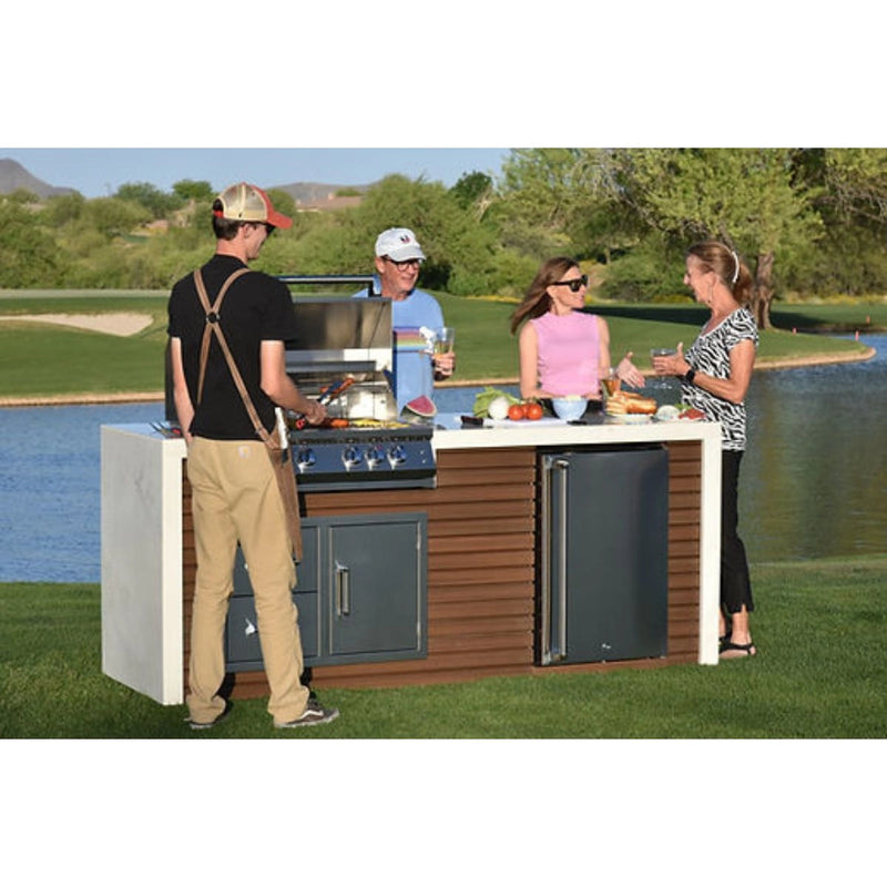 Kokomo Grills Professional Shiplap Outdoor Kitchen KoKoMo Grill with 7'6" porcelain tile countertop and outdoor refrigerator.