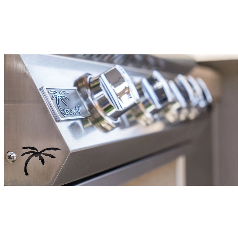 Kokomo Grills 32” Professional Built in Gas Grill with 4 stainless steel knobs, 304 stainless steel body, and palm logo detail.