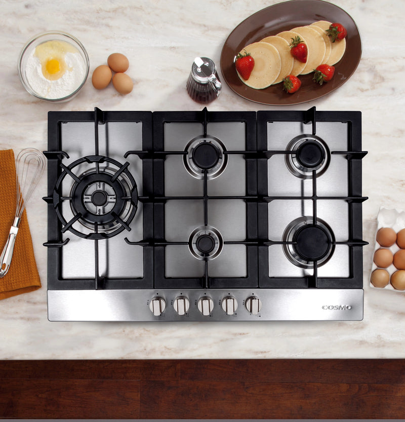 Cosmo 30" Gas Cooktop in Stainless Steel, 5 Burners, Cast Iron Grates, 850SLTX-E