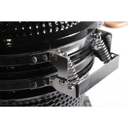 Kokomo Grills 21 Inch Kamado KoKoMo Ceramic BBQ Grill black ceramic surface with stainless steel spring handle and latch detail