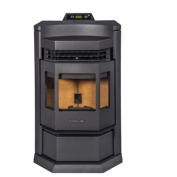 Black pellet stove with visible brand name on a white background