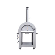 Kokomo Grills 32” wood fired stainless steel pizza oven with built-in temperature gauge, chimney, and oven cart on wheels.