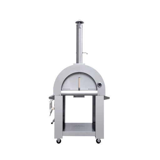 Kokomo Grills 32” wood fired stainless steel pizza oven with built-in temperature gauge, chimney, and oven cart on wheels.