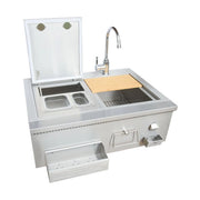 Kokomo Grills 30" Built-In Bartender Cocktail Station with stainless steel, farmhouse sink, bamboo cutting board, ice chest, and bottle opener.