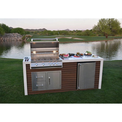 Kokomo Grills Professional Shiplap Outdoor Kitchen with 7'6" composite siding, porcelain tile slab, fridge, drawers, and 4-burner grill.
