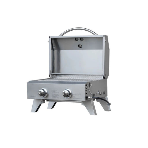 Kokomo Grills On The Go KO-PTBL portable stainless steel grill with dual adjustable burners, carry handle, and side clasps.