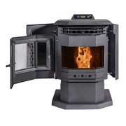 Pellet stove with open door and visible flames on a white background