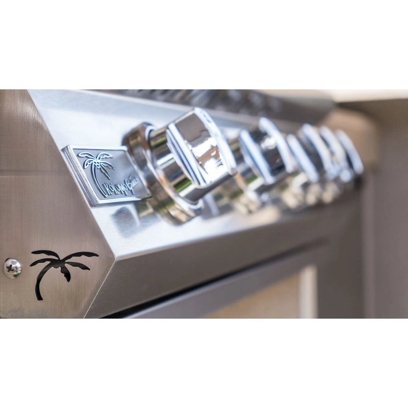 Kokomo Grills 40” Professional Built in Gas Grill with stainless steel knobs, 5 burners, and illuminated control panel in polished steel finish.