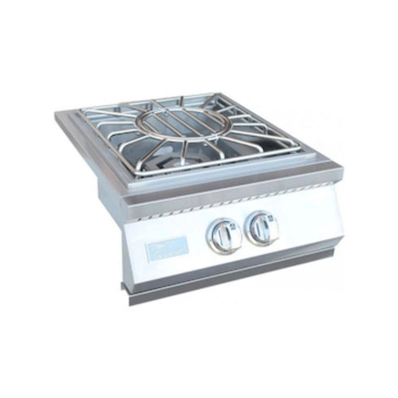 Kokomo Grills Built-in Power Burner KO-PB with stainless steel body, removable wok grate, two control knobs, and SureLight ignition system.