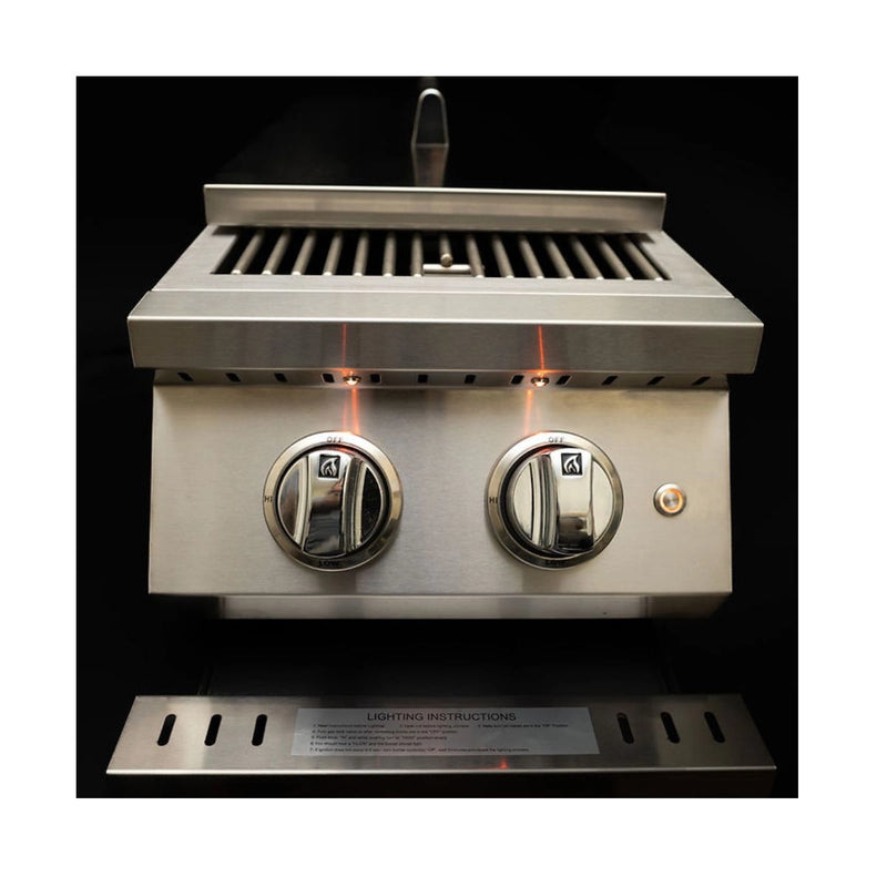 Kokomo Grills Professional Double Side Burner with dual brass burners, stainless steel body, illuminated knobs, and removable cover
