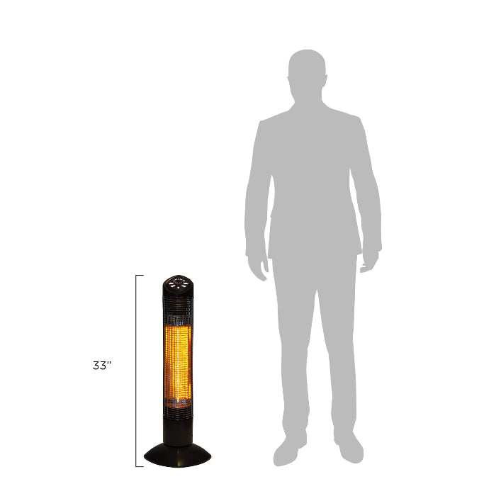 Tall black outdoor heater with dimensions shown next to a silhouette of a person on a white background