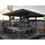 Kokomo Grills Best Outdoor Kitchen Bermuda BBQ Island with 4 burners, side burners, storage, TV, pergola, and fire pit.