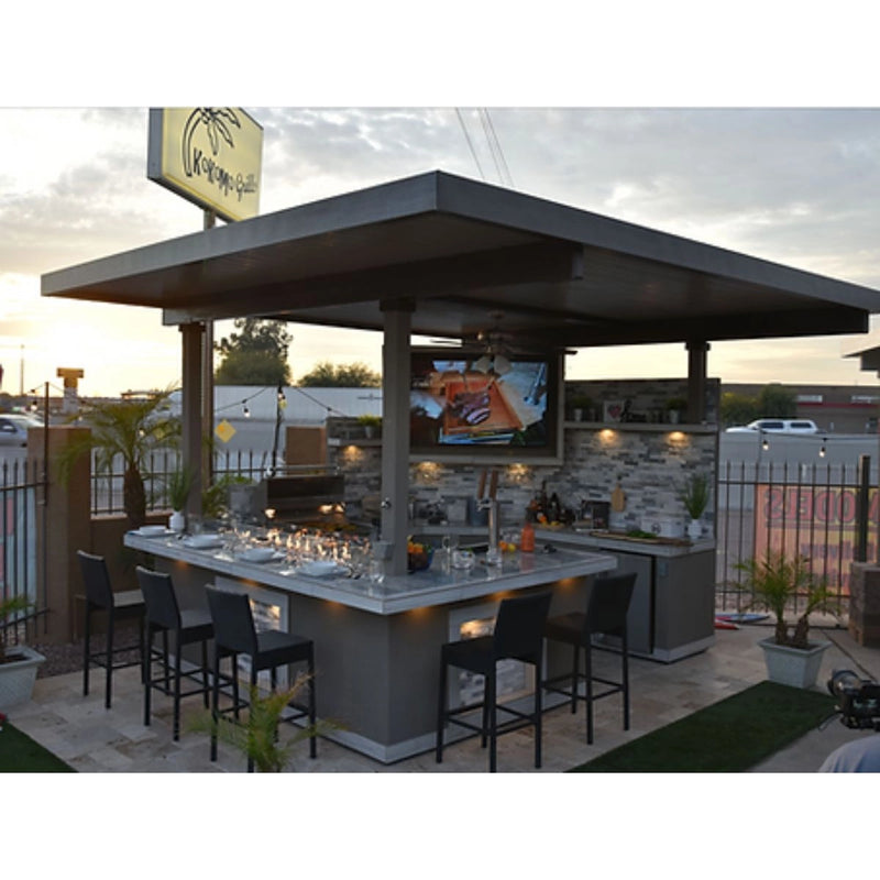 Kokomo Grills Best Outdoor Kitchen Bermuda BBQ Island with 4 burners, side burners, storage, TV, pergola, and fire pit.