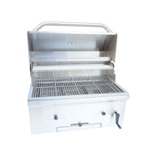 Kokomo Grills 32” Built-In Charcoal Grill in stainless steel with adjustable air dampers, charcoal tray, and hood-mounted temperature gauge.