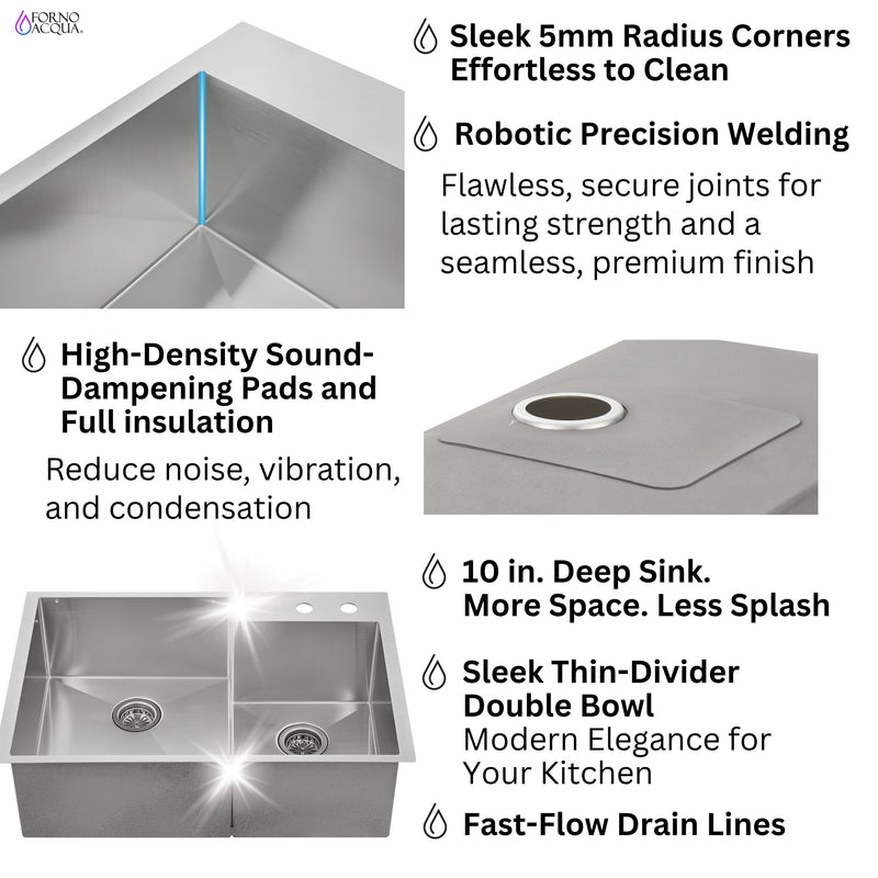 FORNO ACQUA 33 in. Drop-In/Undermount 40/60 Double Bowl Stainless Steel Sink with Waterfall Faucet