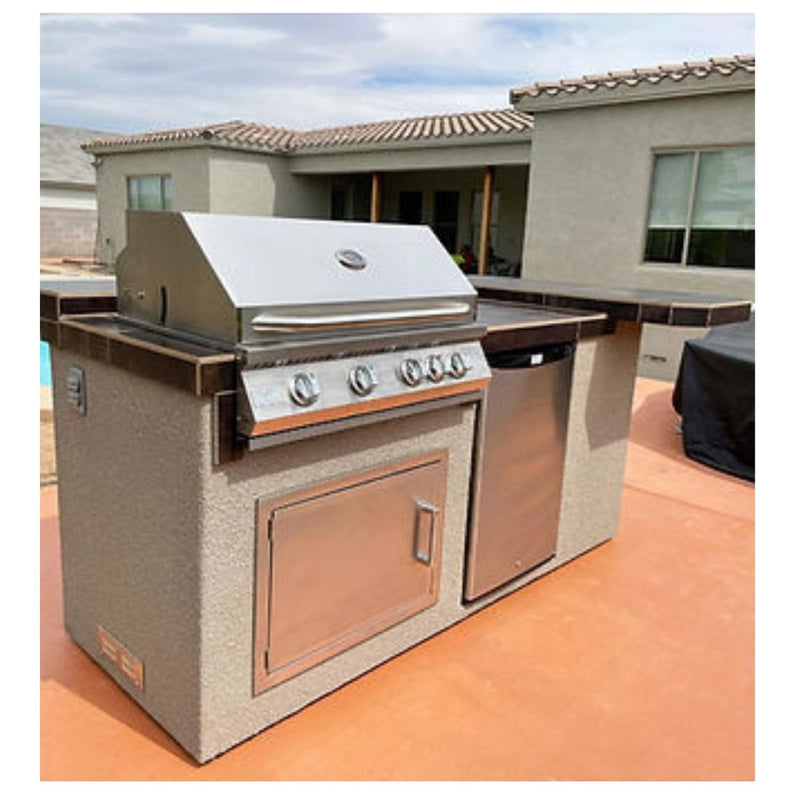 Kokomo Grills St. John 7'6" BBQ Island with Spectrum Brown stucco, 4 burner stainless steel grill, fridge, and high bar on three sides.