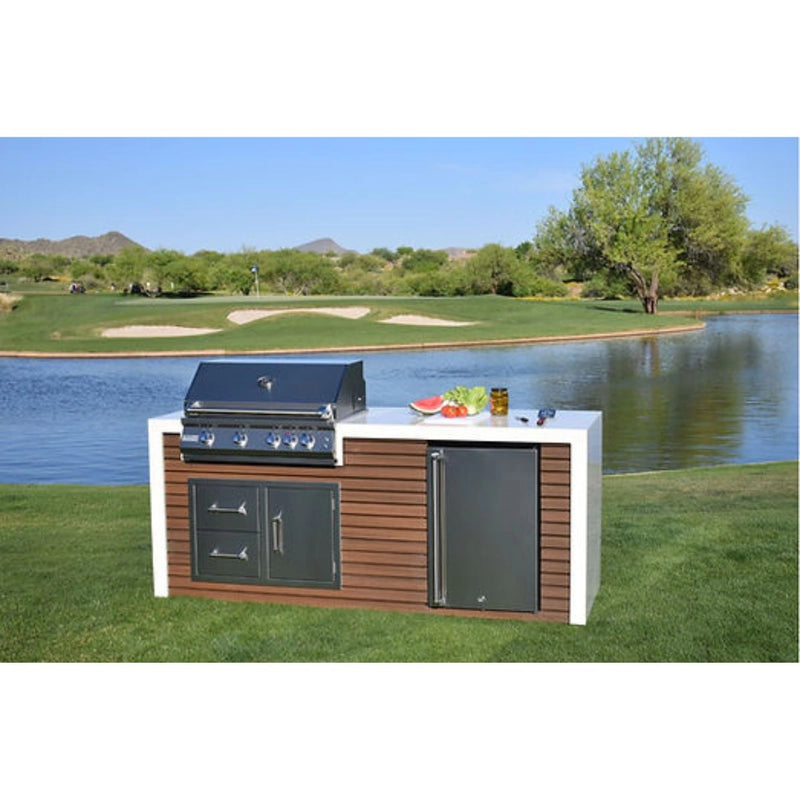 Kokomo Grills Professional Shiplap Outdoor Kitchen KoKoMo Grill with 7'6" shiplap siding, porcelain countertop, stainless drawers, and refrigerator.
