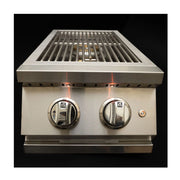 Kokomo Grills Professional Double Side Burner with dual 12,000 BTU brass burners, stainless steel body, illuminated knobs, and removable cover.
