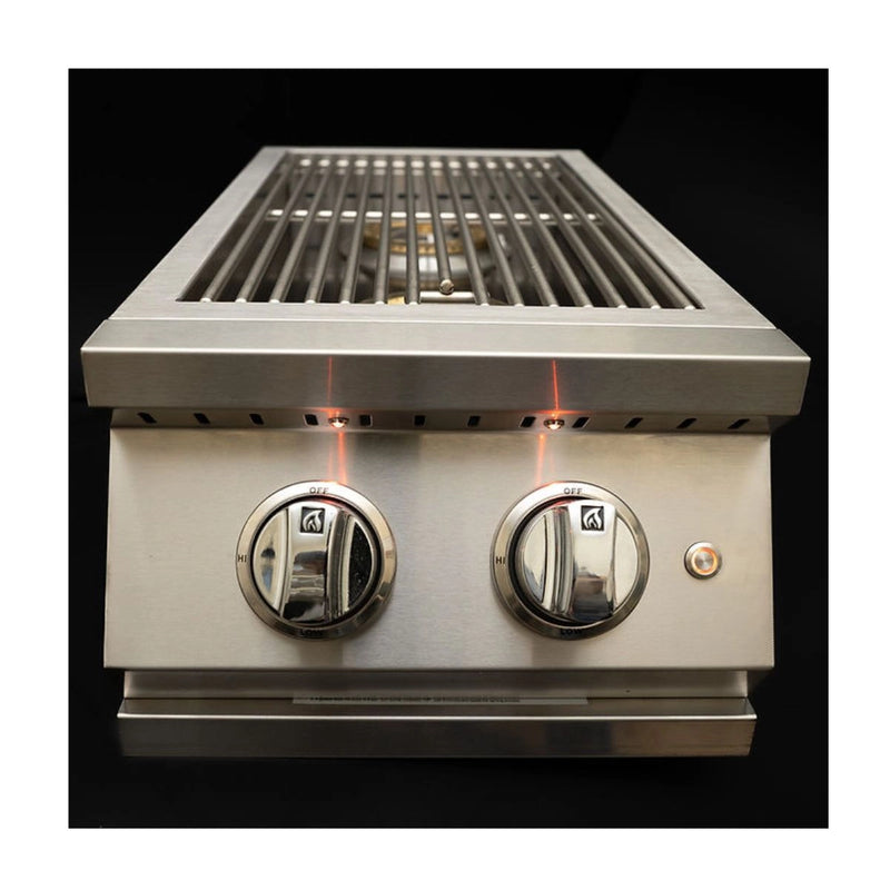 Kokomo Grills Professional Double Side Burner with dual 12,000 BTU brass burners, stainless steel body, illuminated knobs, and removable cover.