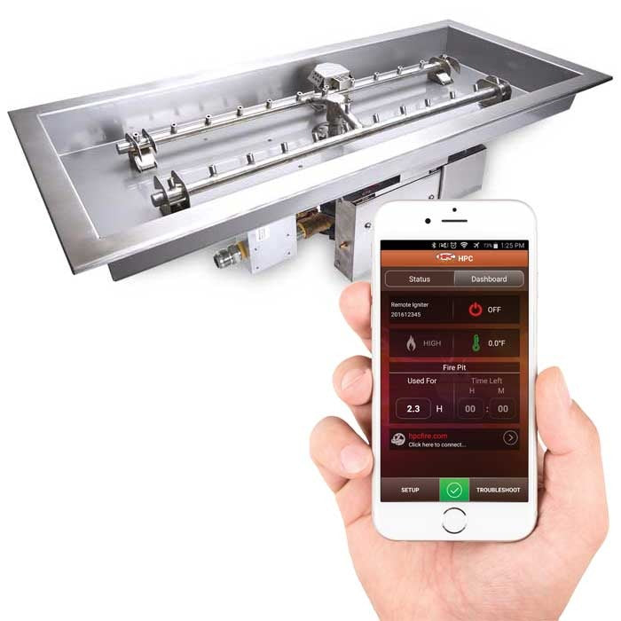 HPC Fire Inspired Rectangle H-Burner Inserts 120VAC Natural Gas with stainless steel construction and electronic ignition system shown with mobile app control.