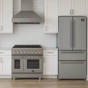 Modern kitchen with stainless steel oven and refrigerator.