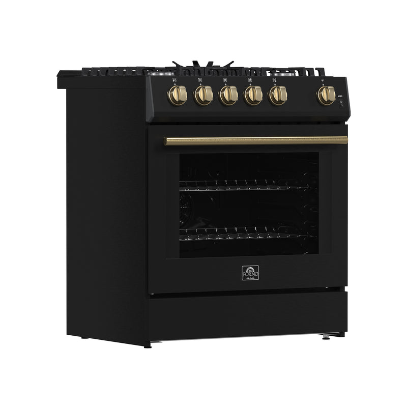 Forno Leonardo Espresso 30" Freestanding Gas Range in Black, 5 Burners, Cast-Iron Grates, with Antique Brass Handles, FFSGS1116-30BLK