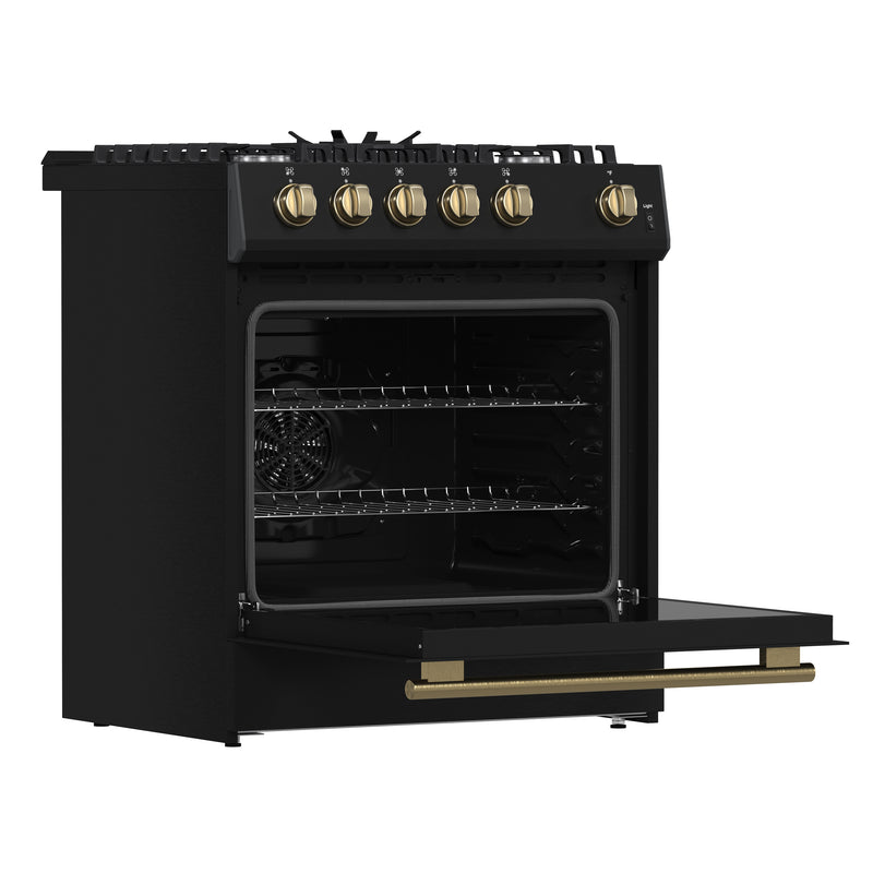 Forno Leonardo Espresso 30" Freestanding Gas Range in Black, 5 Burners, Cast-Iron Grates, with Antique Brass Handles, FFSGS1116-30BLK