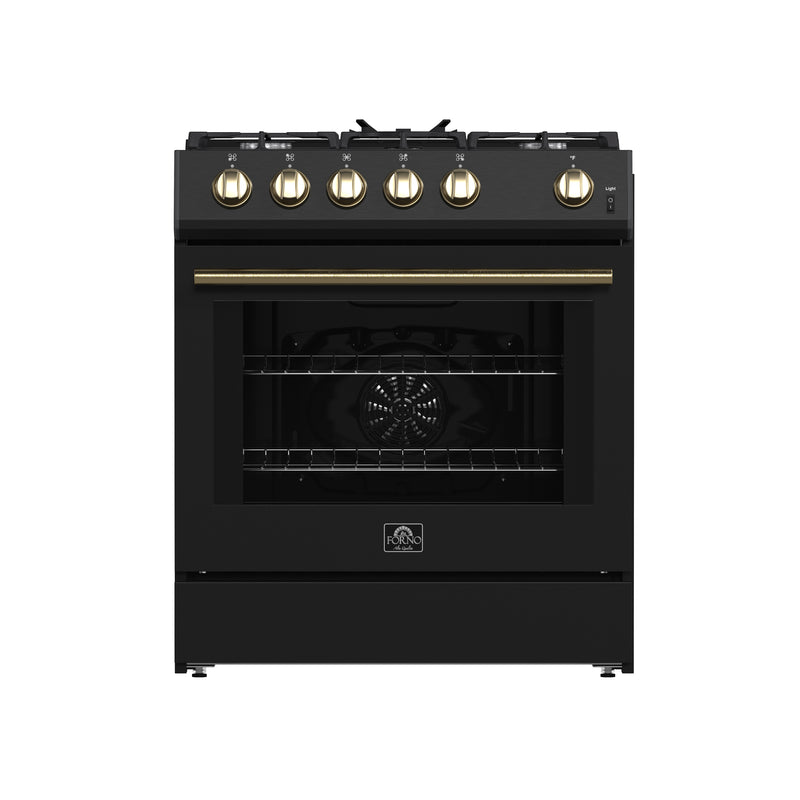Forno Leonardo Espresso 30" Freestanding Gas Range in Black, 5 Burners, Cast-Iron Grates, with Antique Brass Handles, FFSGS1116-30BLK