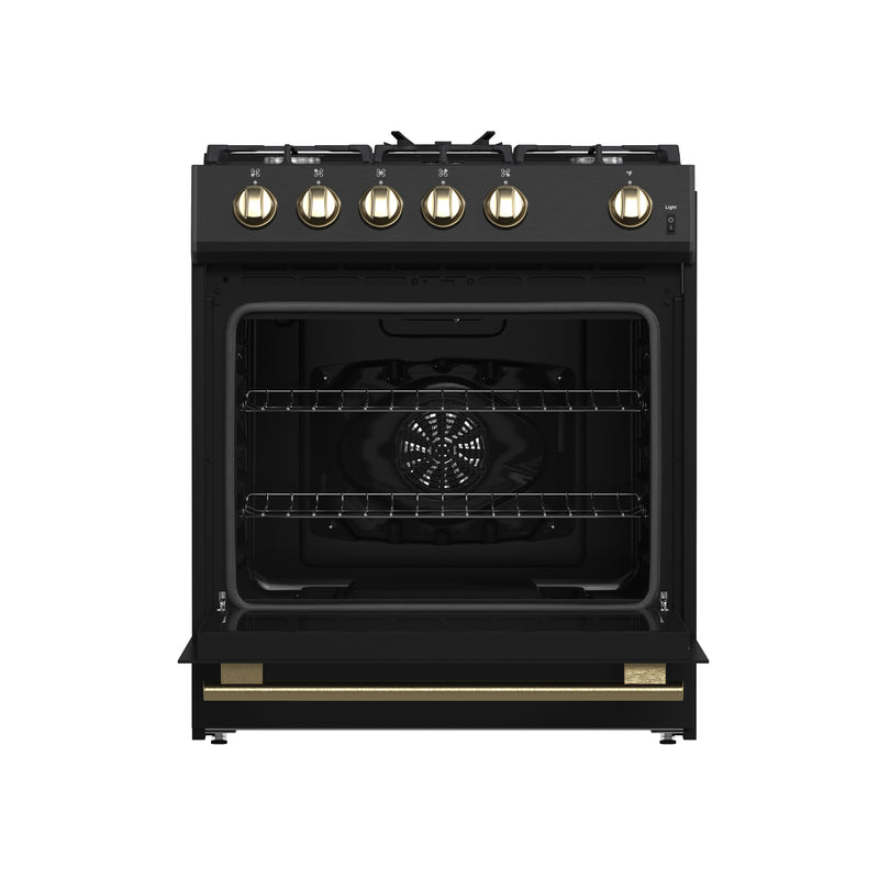 Forno Leonardo Espresso 30" Freestanding Gas Range in Black, 5 Burners, Cast-Iron Grates, with Antique Brass Handles, FFSGS1116-30BLK
