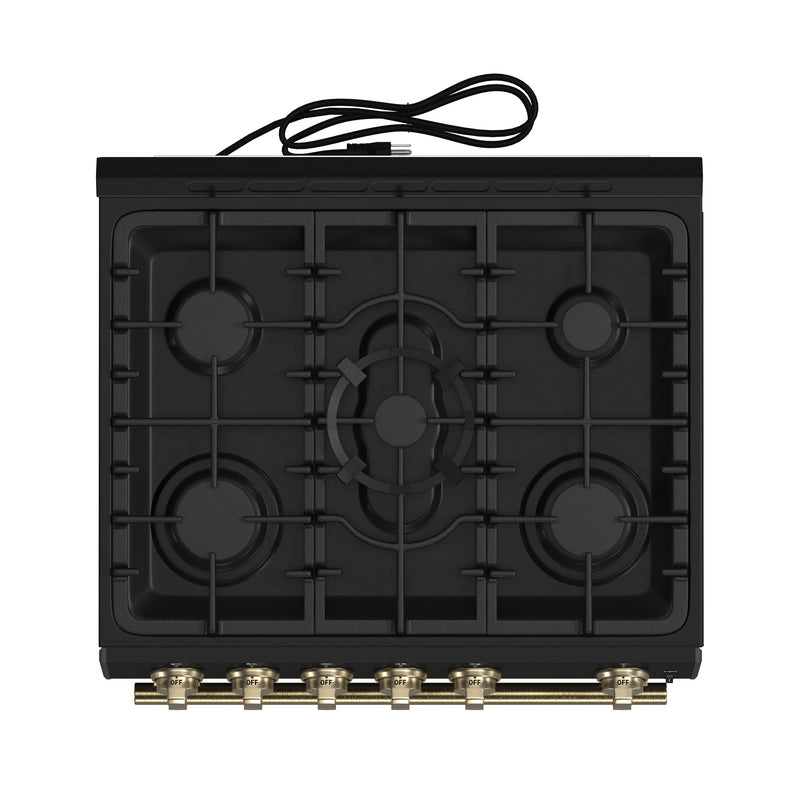 Forno Leonardo Espresso 30" Freestanding Gas Range in Black, 5 Burners, Cast-Iron Grates, with Antique Brass Handles, FFSGS1116-30BLK