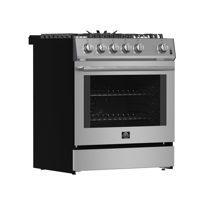 Forno Leonardo Espresso 30" Freestanding Gas Range in Stainless Steel, 5 Sealed Burners, True Convection, Cast-Iron Grates, with Stainless Steel Handles, FFSGS1116-30
