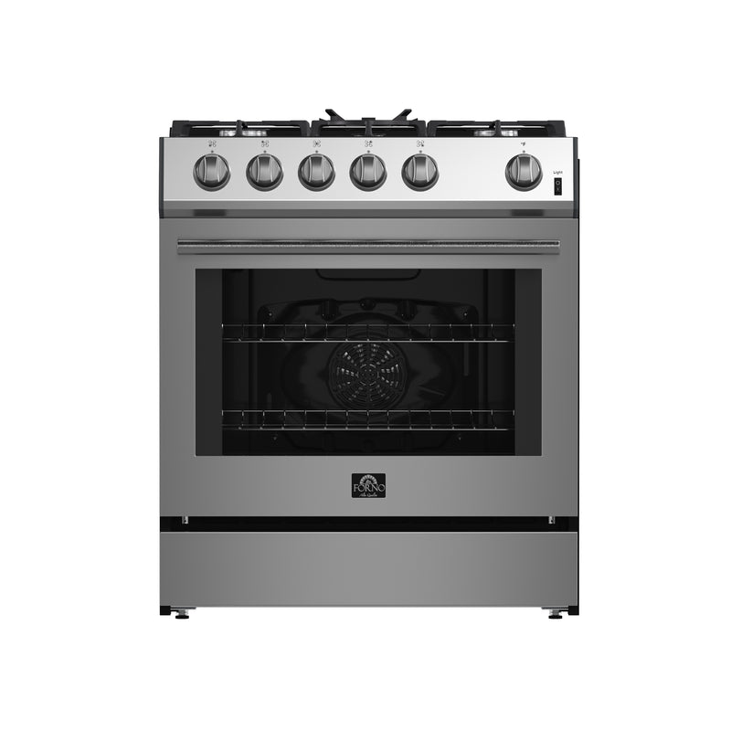 Forno Leonardo Espresso 30" Freestanding Gas Range in Stainless Steel, 5 Sealed Burners, True Convection, Cast-Iron Grates, with Stainless Steel Handles, FFSGS1116-30