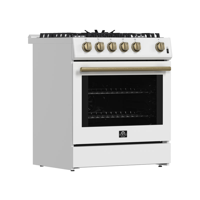 Forno Leonardo Espresso 30" Freestanding Gas Range in White, 5 Burners, with Antique Brass Handles, FFSGS1116-30WHT