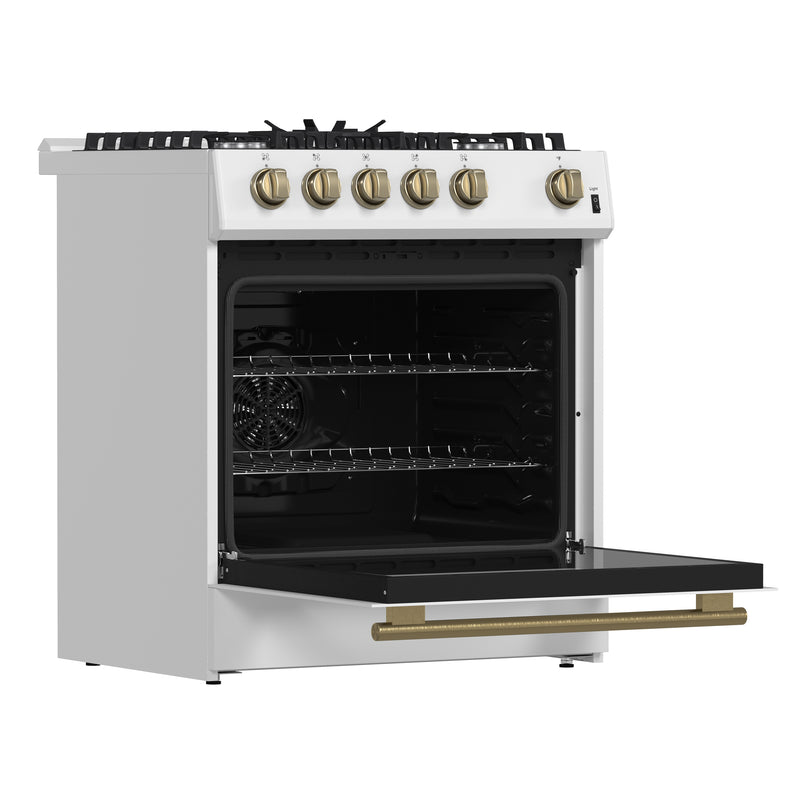 Forno Leonardo Espresso 30" Freestanding Gas Range in White, 5 Burners, with Antique Brass Handles, FFSGS1116-30WHT