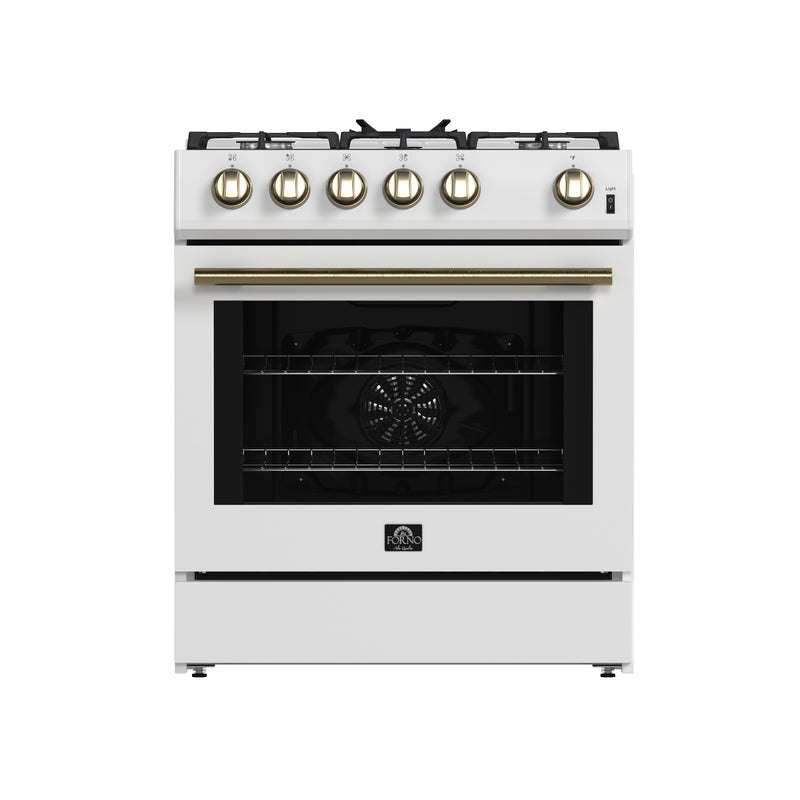 Forno Leonardo Espresso 30" Freestanding Gas Range in White, 5 Burners, with Antique Brass Handles, FFSGS1116-30WHT