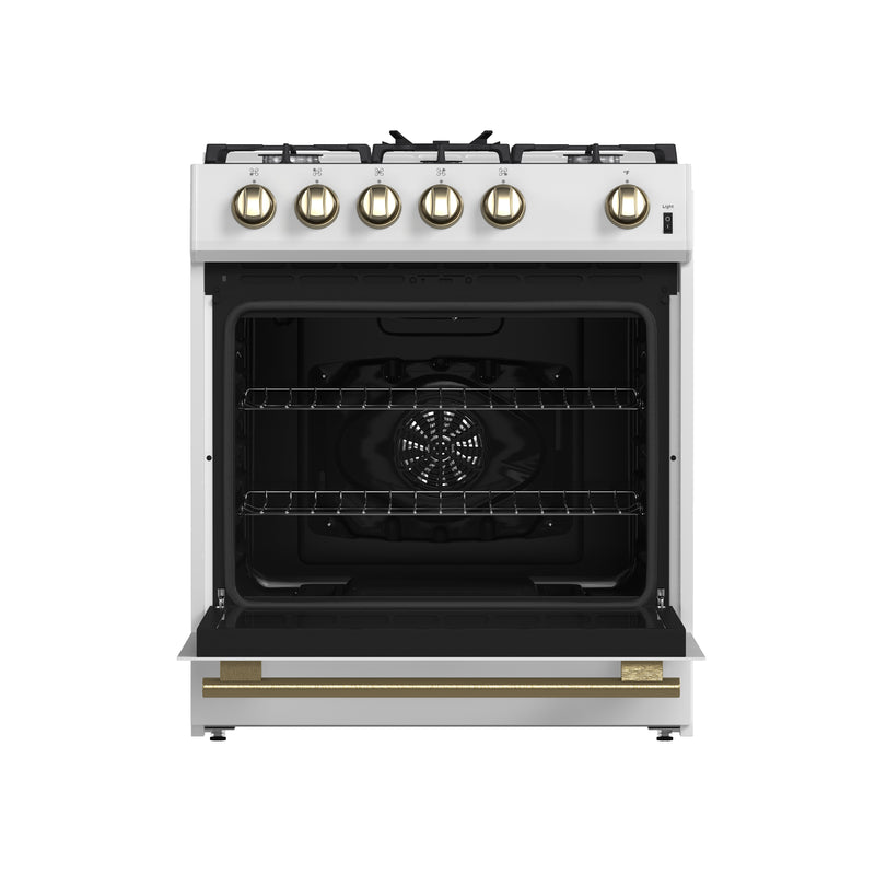 Forno Leonardo Espresso 30" Freestanding Gas Range in White, 5 Burners, with Antique Brass Handles, FFSGS1116-30WHT