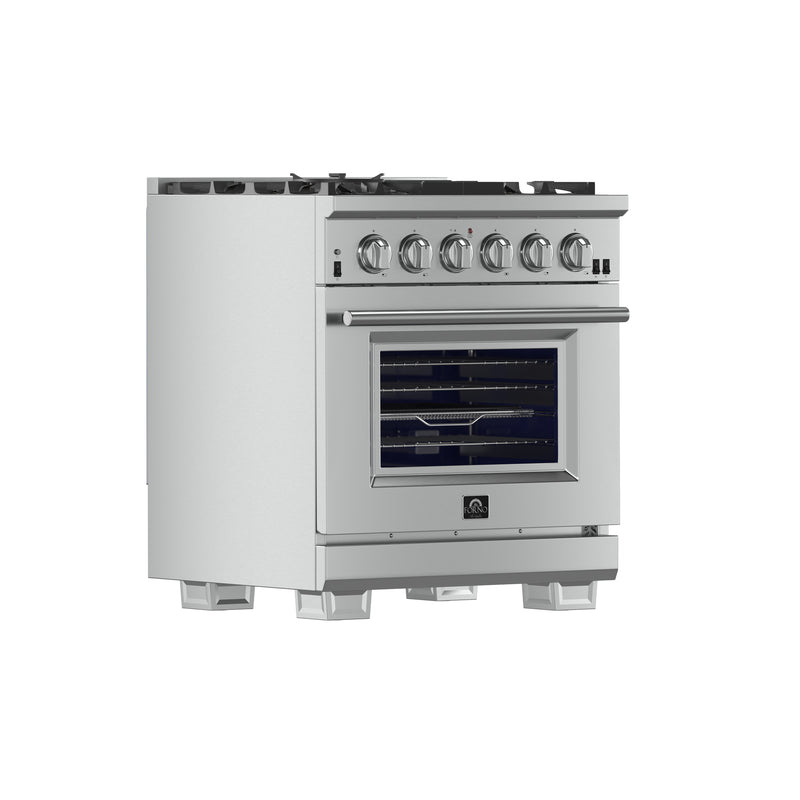 Forno Capriasca 30" Freestanding Gas Range in Stainless Steel, 5 Sealed Brass Burners, True Convection, Cast-Iron Grates, FFSGS6260-30