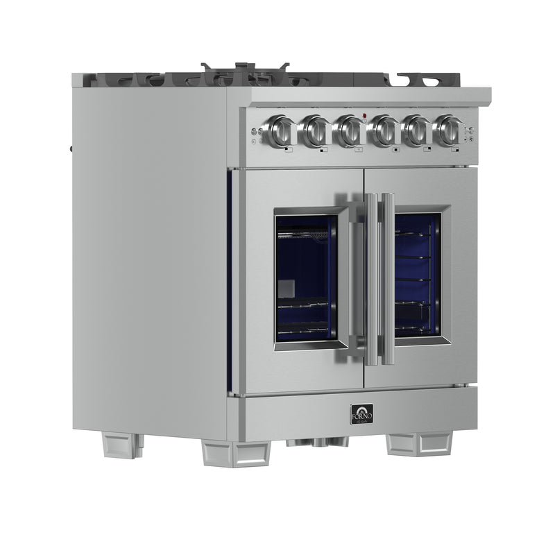 Forno Capriasca 30" Freestanding French Door Gas Range, Brass Burners, 5 Burners, FFSGS6460-30