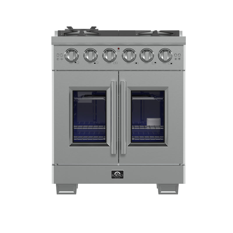 Forno Capriasca 30" Freestanding French Door Gas Range, Brass Burners, 5 Burners, FFSGS6460-30