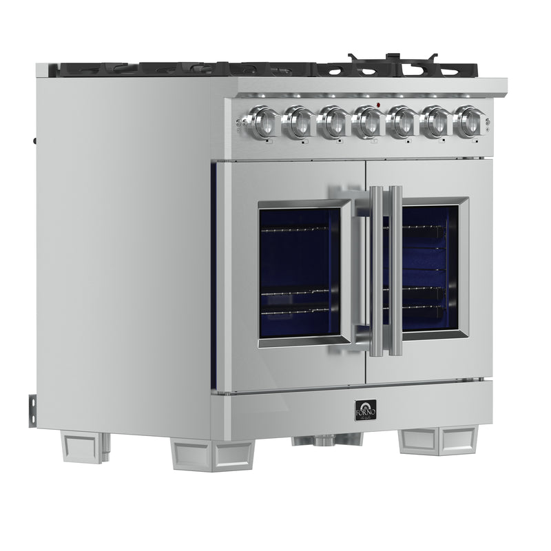 Forno Capriasca 36" Freestanding French Door Gas Range, 6 Burners, Brass Burners, FFSGS6460-36