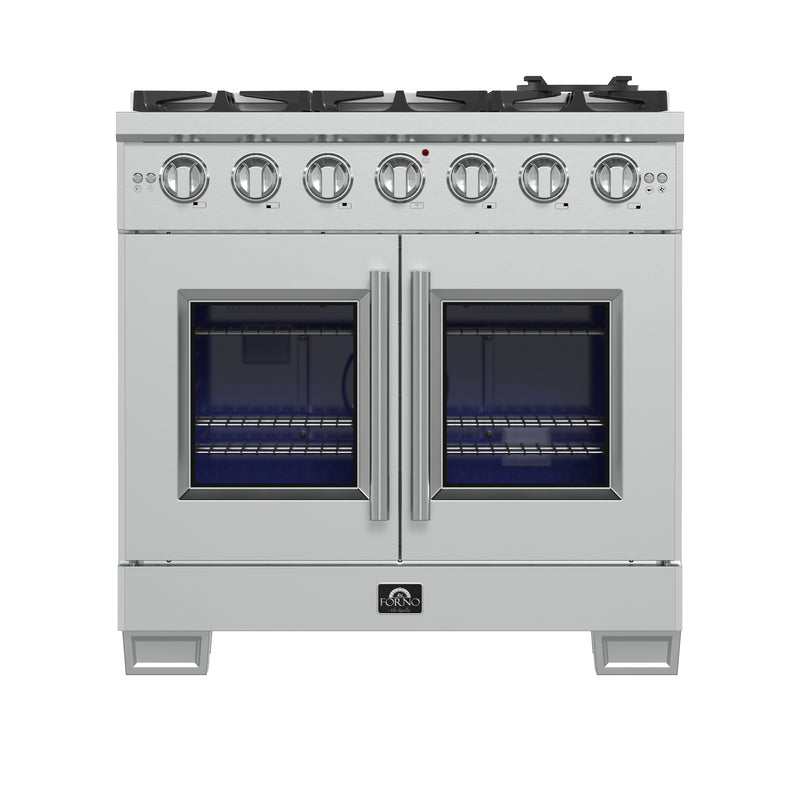 Forno Capriasca 36" Freestanding French Door Gas Range, 6 Burners, Brass Burners, FFSGS6460-36