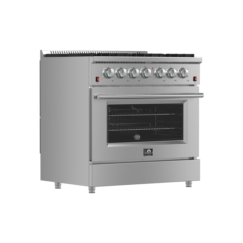 Forno Galiano 36" Freestanding Gas Range in Stainless Steel, 6 Burners, True Convection, FFSGS6244-36