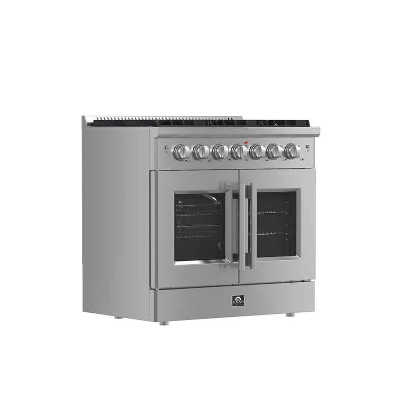 Forno Galiano 36" Freestanding French Door Gas Range, 6 Burners, Convection Fan, FFSGS6444-36