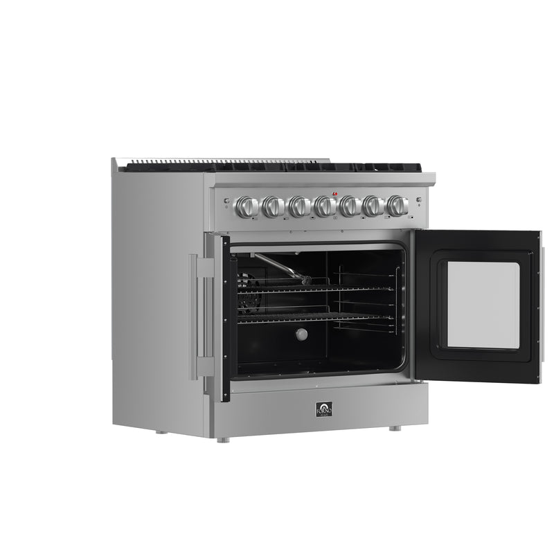 Forno Galiano 36" Freestanding French Door Gas Range, 6 Burners, Convection Fan, FFSGS6444-36